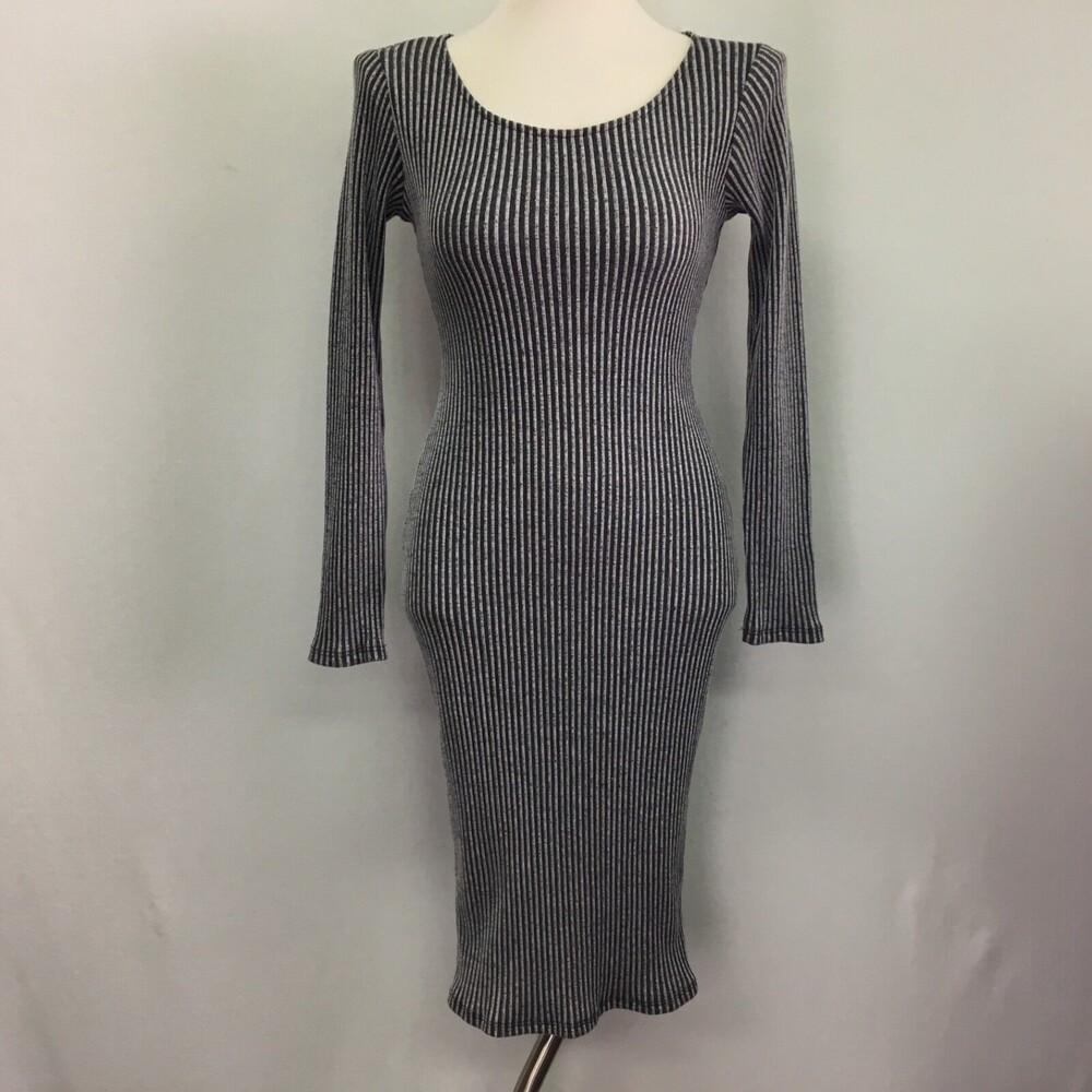 Black Bead‎ Women's Dress Medium Gray White Striped Keyhole Back